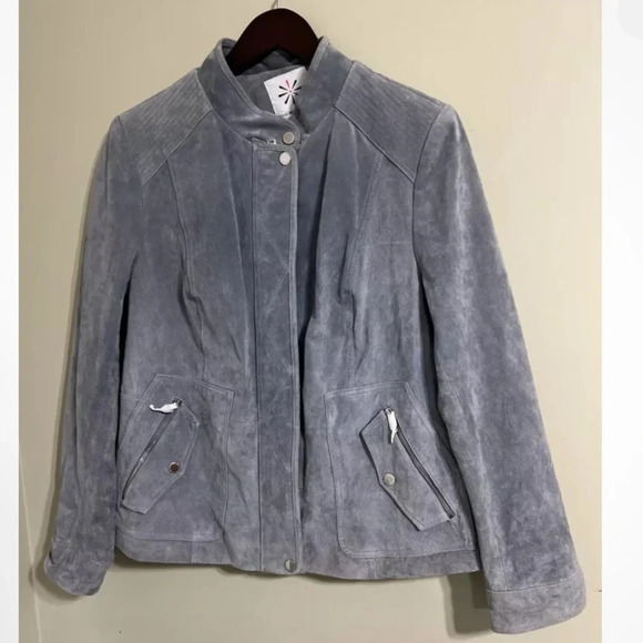 Isaac Mizrahi NWOT 100% suede blue/gray silver hardware flight jacket 21” p2p - Picture 3 of 15